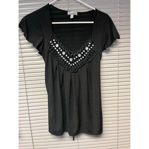 Speechless Beaded Embellished Tunic Top Black Small Boho Festival Drawstring